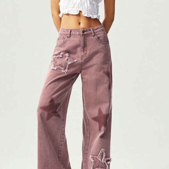 Red Casual Women's Boho Woven Five-Pointed Star Pattern Washed Wide Leg Pants - Picture 1 of 7